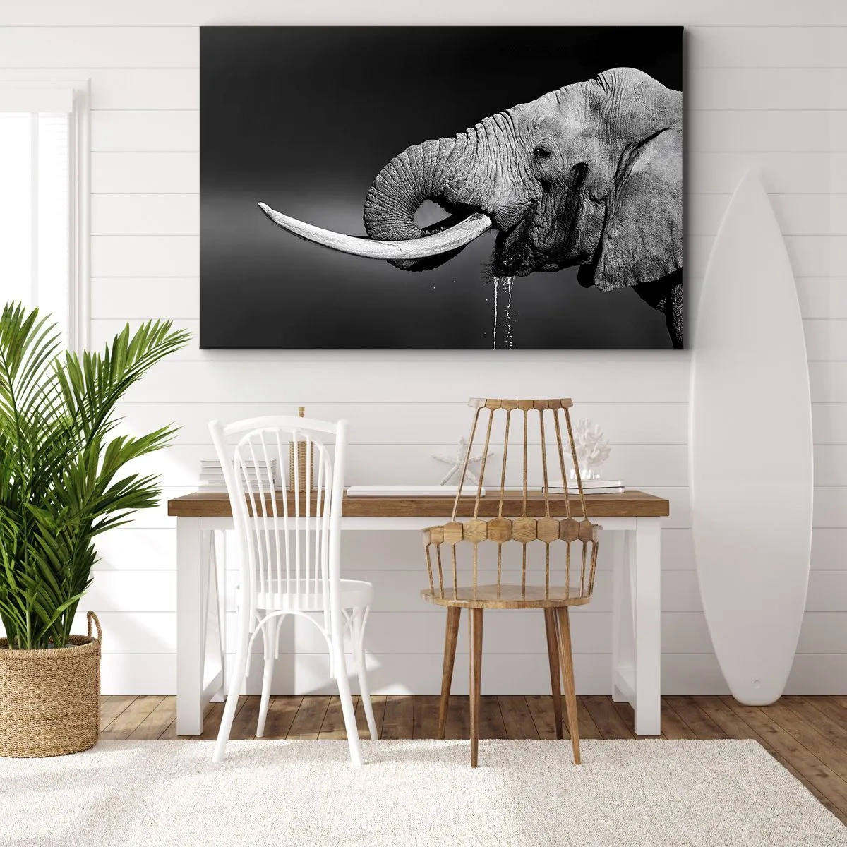 Cuadro sobre lienzo - Impresión de Imagen - Retrato en blanco y negro de un elefante de perfil. - 70x50cm - Majestuoso - Decoración de pared moderna para salón y dormitorio ARTTOR
