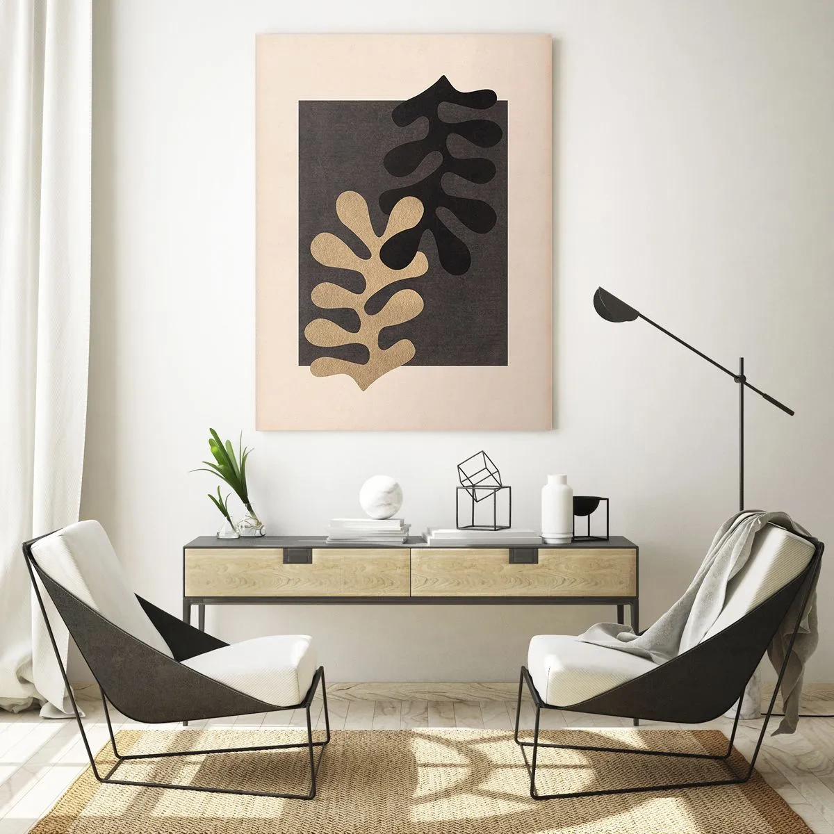 Cuadro sobre vidrio - Impresiones sobre Vidrio - Formas abstractas en negro y beige sobre un fondo geométrico. - 50x70cm - Ausencia y complemento - Decoración de pared moderna para salón y dormitorio ARTTOR