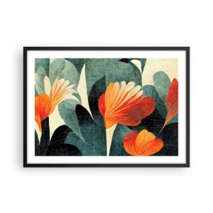 Póster en marco negro - Flores en tonos intensos de naranja y verde. - 70x50cm - El calor del trópico y el frescor del verdor - Decoración de pared moderna para salón y dormitorio ARTTOR