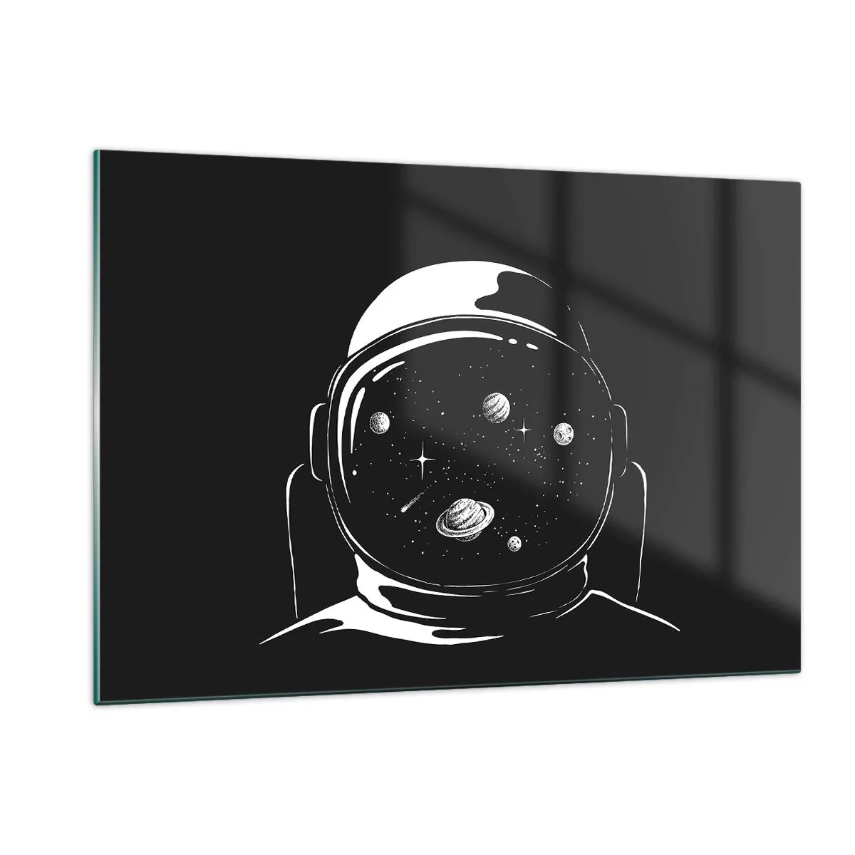 Cuadro sobre vidrio - Impresiones sobre Vidrio - Astronauta con estrellas y planetas en su casco sobre un fondo negro. - 120x80cm - Bonita vista - Decoración de pared moderna para salón y dormitorio ARTTOR