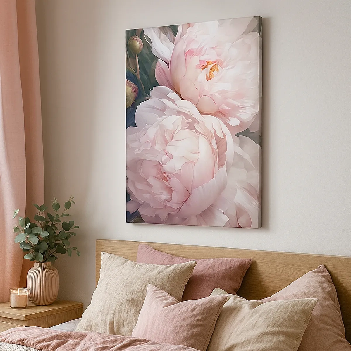 Cuadro sobre lienzo - Impresión de Imagen - Delicadas peonías rosas en plena floración. - 50x70cm - En flor - Decoración de pared moderna para salón y dormitorio ARTTOR