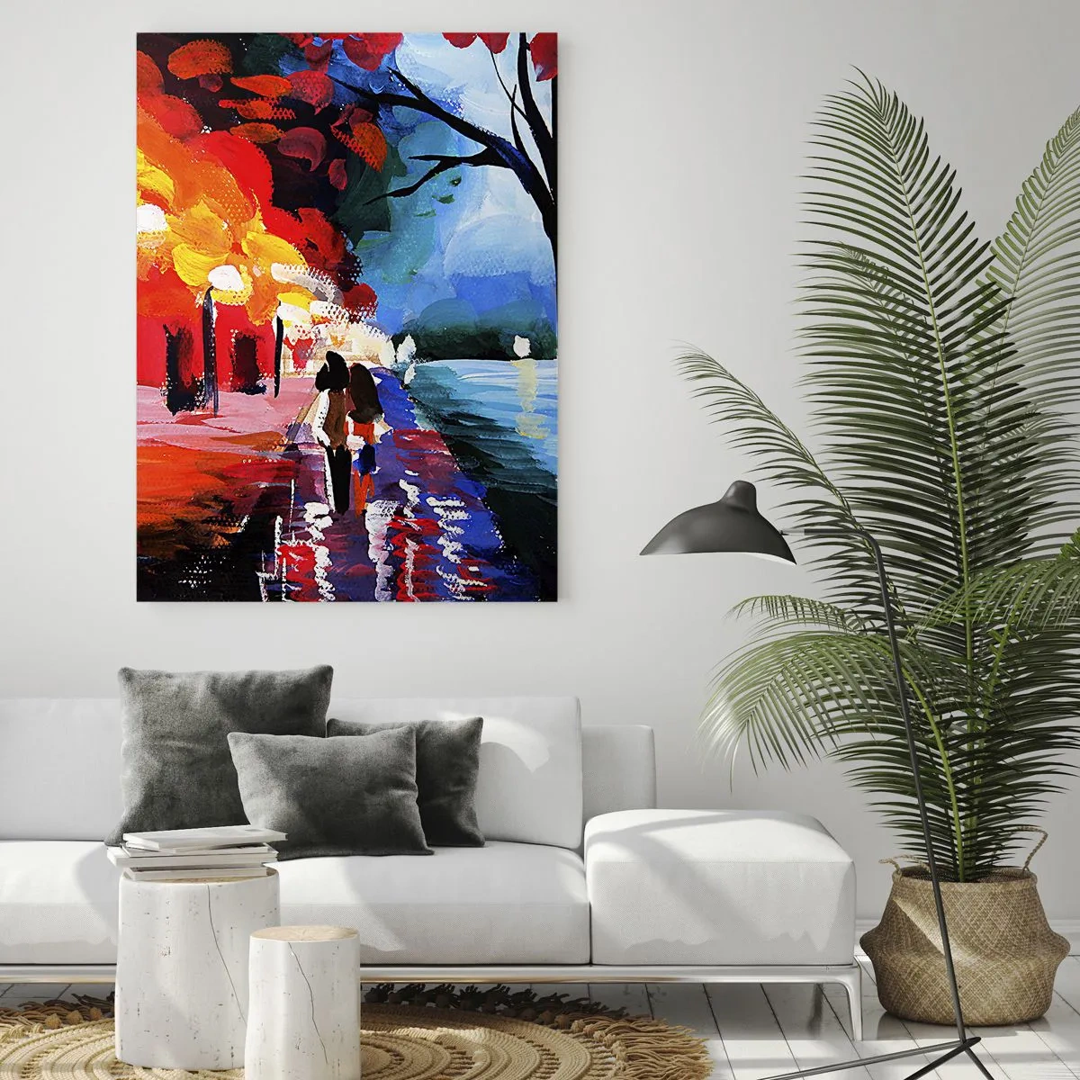 Cuadro sobre vidrio - Impresiones sobre Vidrio - Un paseo otoñal por el sendero con vistas al agua. - 80x120cm - Otoño en el parque - Decoración de pared moderna para salón y dormitorio ARTTOR