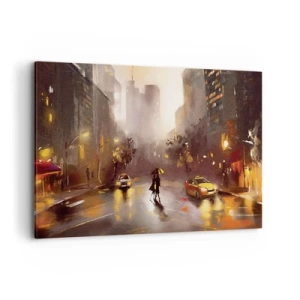Cuadro sobre lienzo - Impresión de Imagen - Una escena urbana nocturna a la luz de las farolas y los reflejos en una calle mojada. - 120x80cm - En las luces de Nueva York - Decoración de pared moderna para salón y dormitorio ARTTOR