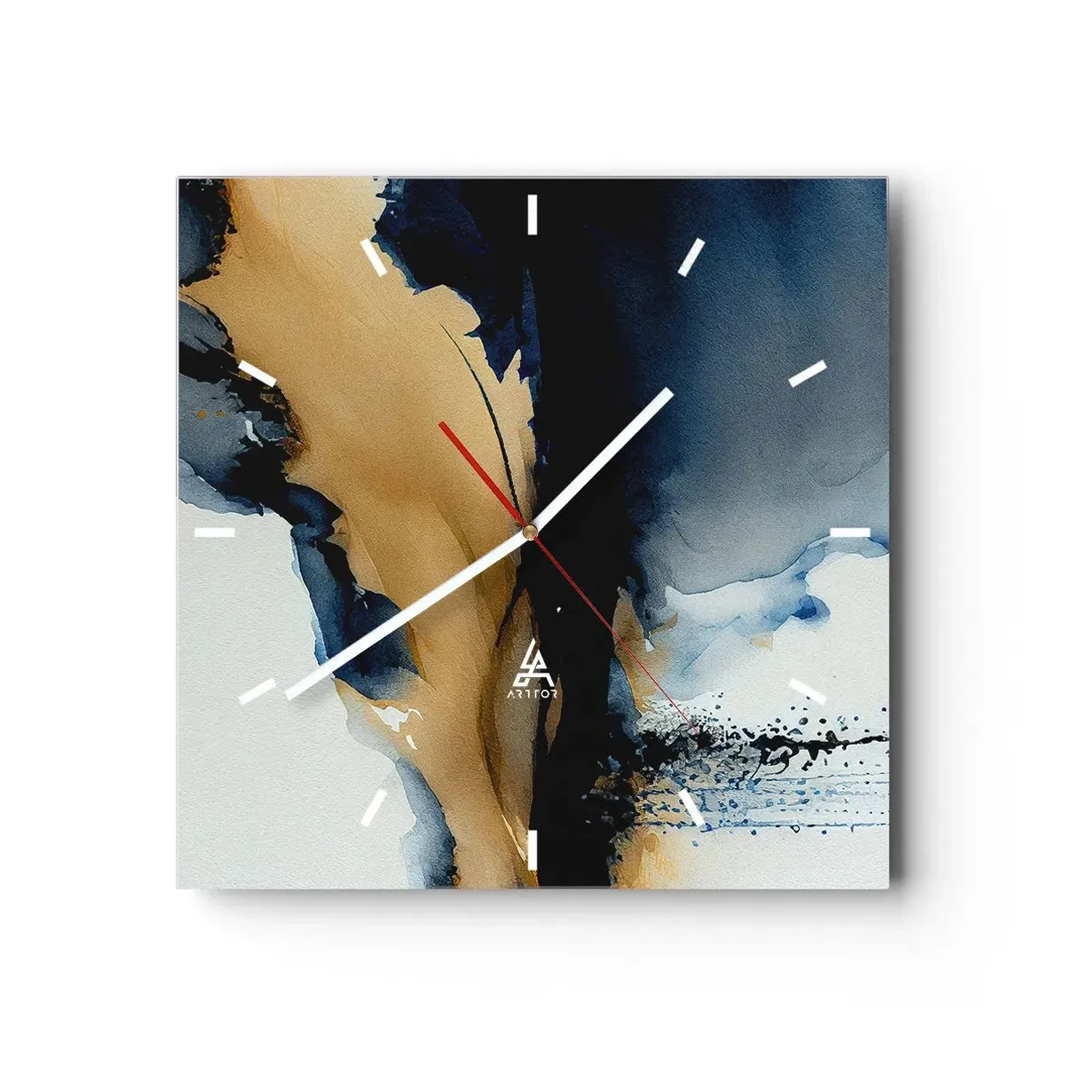 Reloj de pared - Reloj de vidrio - Una composición abstracta en tonos azul marino y dorado. - 30x30cm - Tras el telón - Decoración de pared moderna para salón y dormitorio ARTTOR