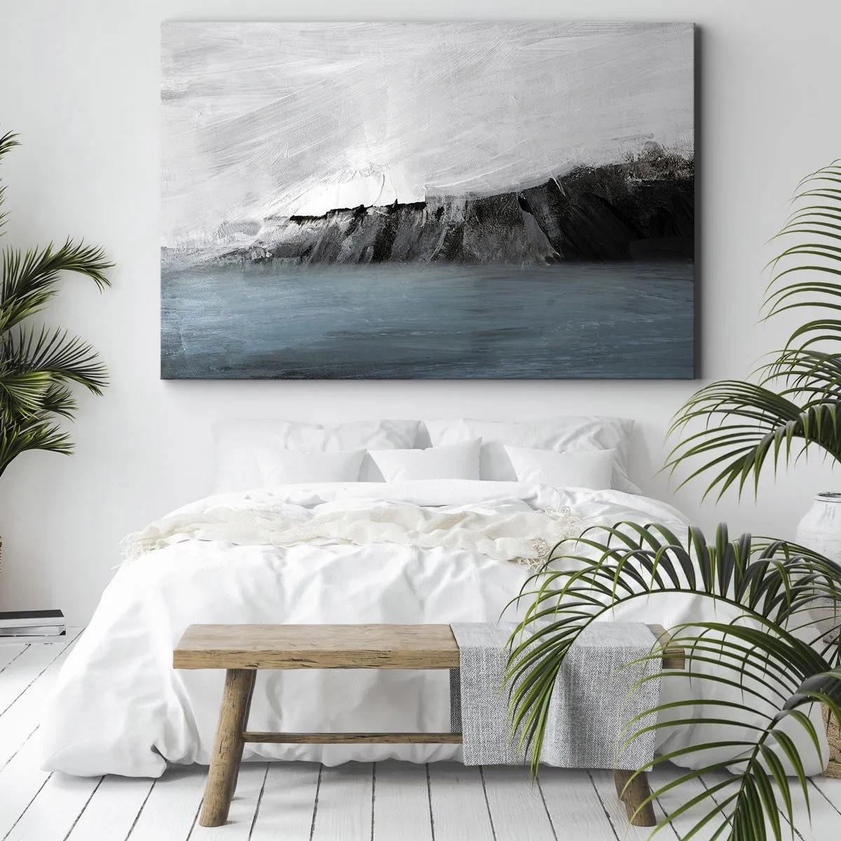 Cuadro sobre lienzo - Impresión de Imagen - Paisaje abstracto con agua y una orilla rocosa - 70x50cm - Agua - tierra: un choque de elementos - Decoración de pared moderna para salón y dormitorio ARTTOR