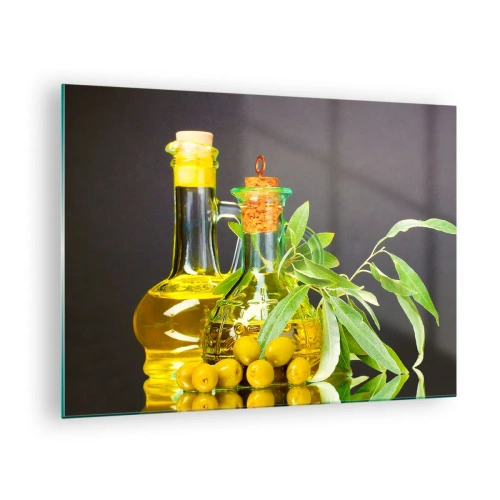 Cuadro sobre vidrio - Impresiones sobre Vidrio - Botellas de aceite de oliva y una rama con aceitunas al fondo - 70x50cm - Bodegón con aceitunas y aceite - Decoración de pared moderna para salón y dormitorio ARTTOR