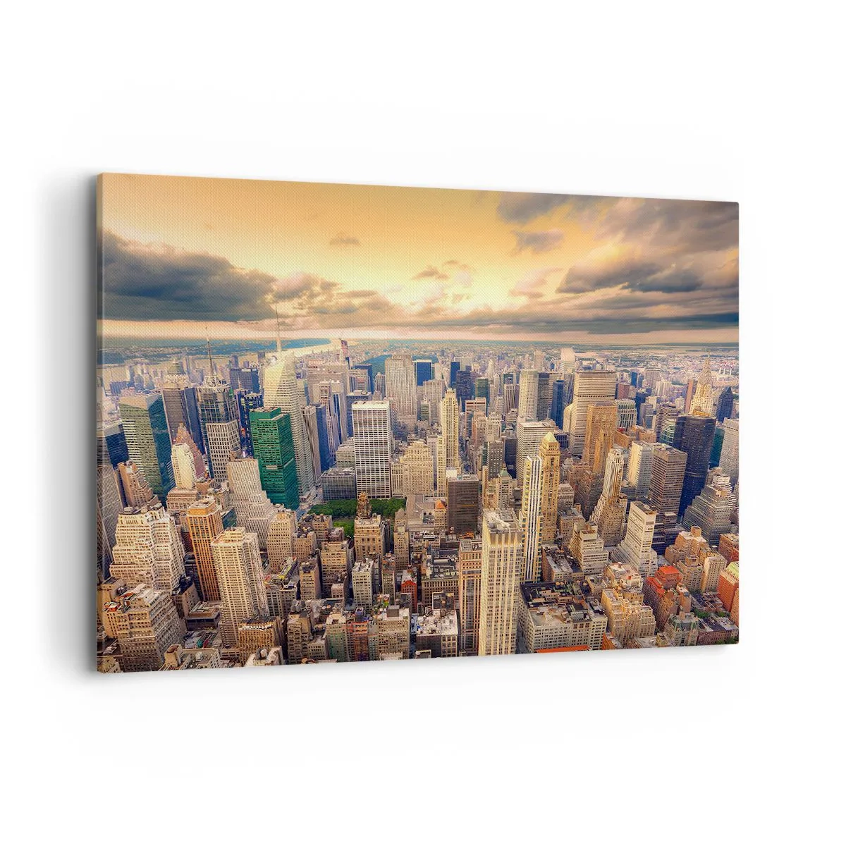 Cuadro sobre lienzo - Impresión de Imagen - Panorama de la ciudad con vistas a los rascacielos al atardecer - 100x70cm - Metrópolis dorada - Decoración de pared moderna para salón y dormitorio ARTTOR