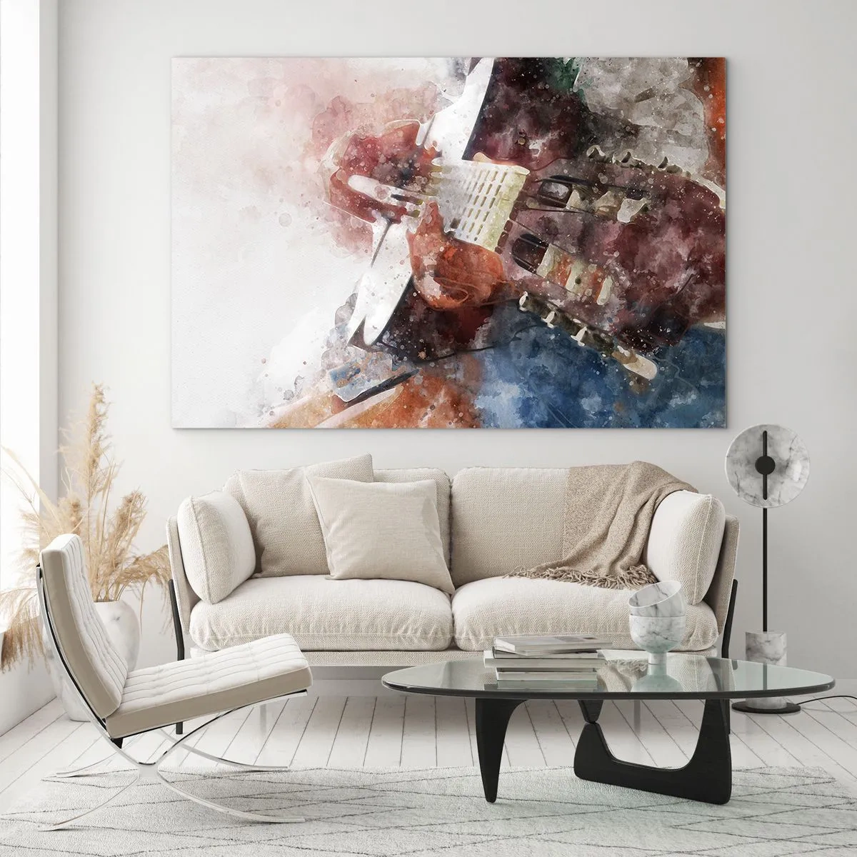 Cuadro sobre vidrio - Impresiones sobre Vidrio - Una pintura de acuarela de un guitarrista artístico. - 100x70cm - ¿Y qué opinas? - Decoración de pared moderna para salón y dormitorio ARTTOR