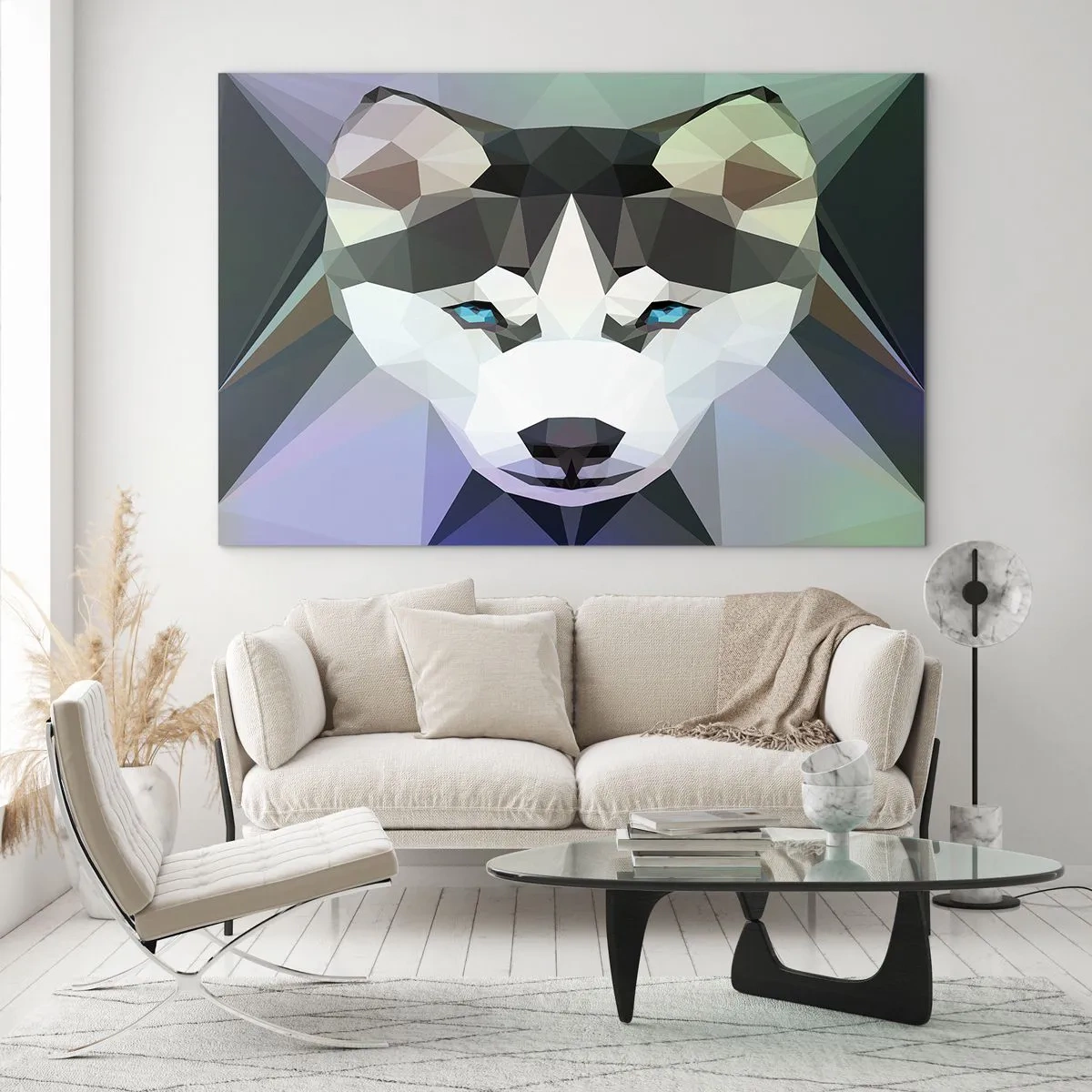 Cuadro sobre vidrio - Impresiones sobre Vidrio - Geometría del lobo en un estilo moderno - 70x50cm - El recuerdo de las nieves del norte - Decoración de pared moderna para salón y dormitorio ARTTOR
