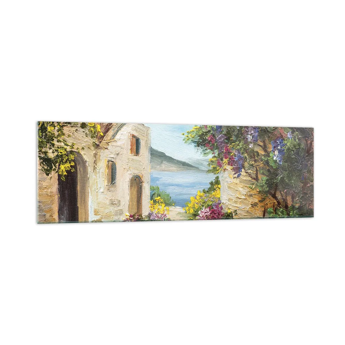 Cuadro sobre vidrio - Impresiones sobre Vidrio - Paisaje costero con edificios de piedra y flores. - 160x50cm - El encanto del paisaje costero - Decoración de pared moderna para salón y dormitorio ARTTOR