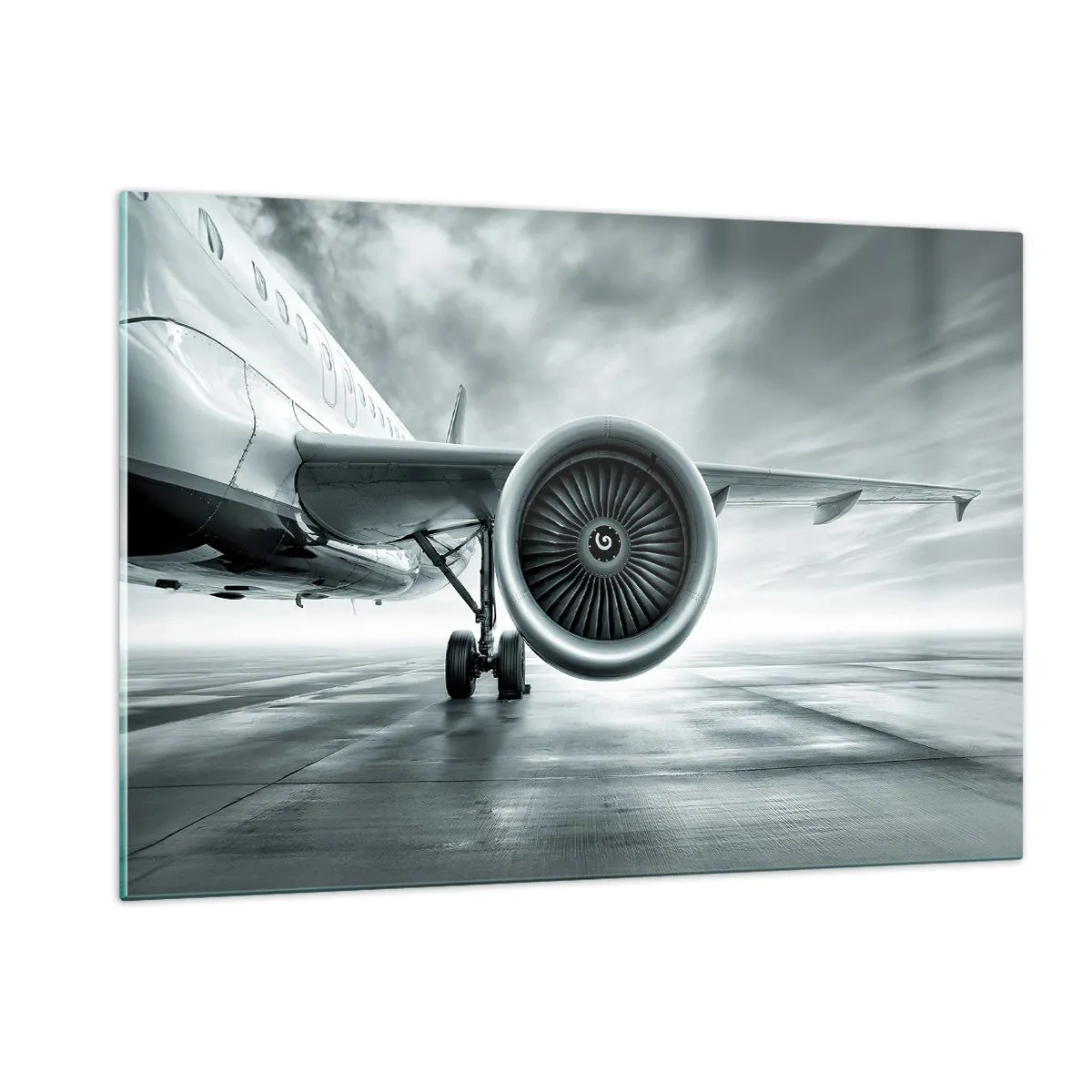 Cuadro sobre vidrio - Impresiones sobre Vidrio - La turbina de un avión de pasajeros en la pista al amanecer - 120x80cm - Hay poder - Decoración de pared moderna para salón y dormitorio ARTTOR