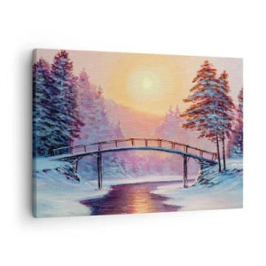 Cuadro sobre lienzo - Impresión de Imagen - Paisaje invernal con un puente iluminado por el atardecer. - 70x50cm - Las cuatro estaciones: el invierno - Decoración de pared moderna para salón y dormitorio ARTTOR