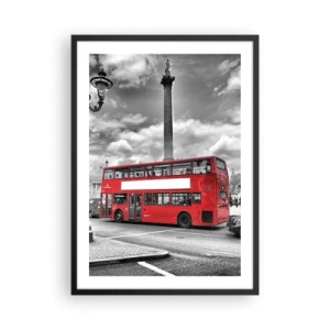 Póster en marco negro - Un autobús rojo contra un fondo urbano en blanco y negro - 50x70cm - El verdadero torrente sanguíneo de la ciudad - Decoración de pared moderna para salón y dormitorio ARTTOR