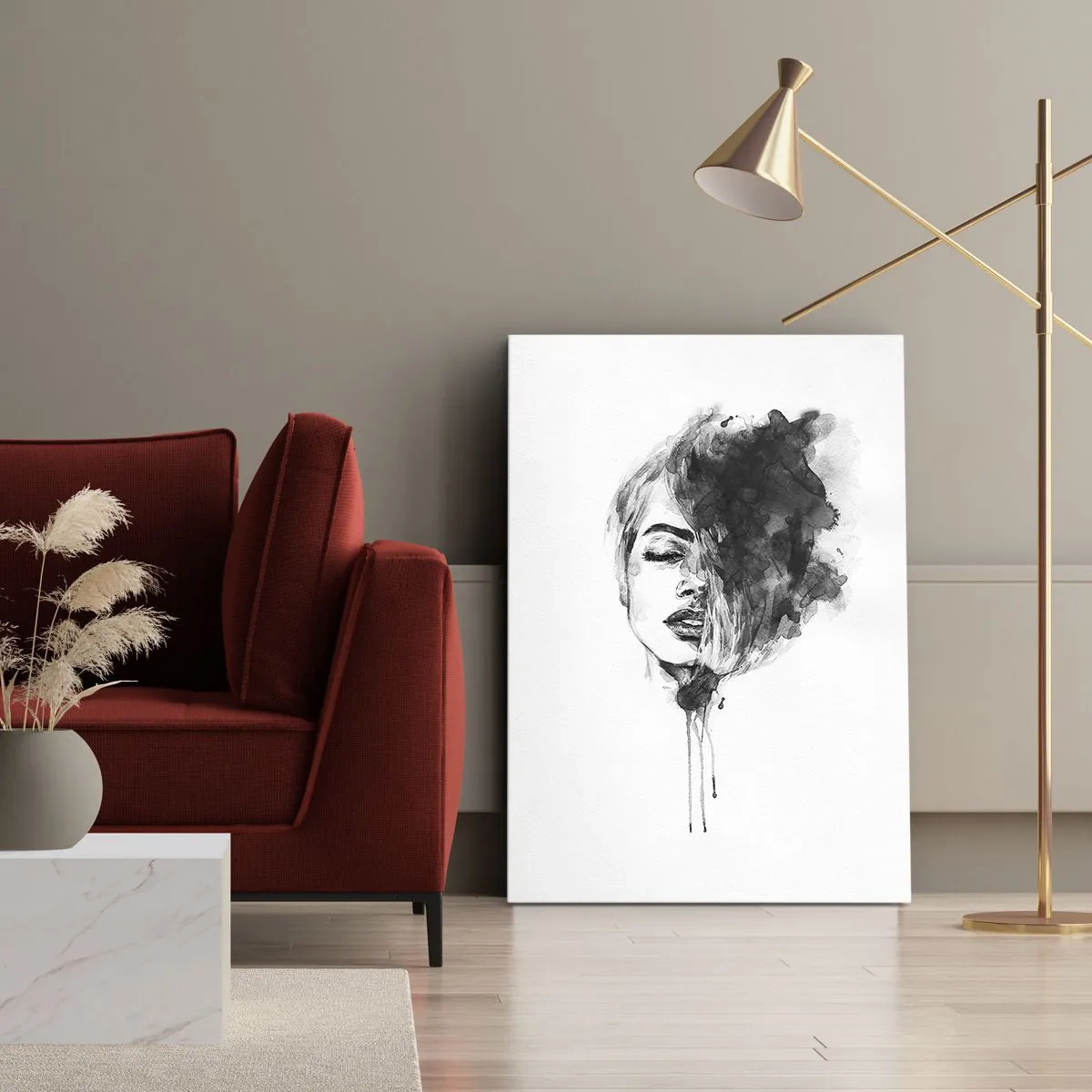 Cuadro sobre lienzo - Impresión de Imagen - Retrato artístico de una mujer en técnica de acuarela con detalles abstractos. - 50x70cm - Sueños en femenino - Decoración de pared moderna para salón y dormitorio ARTTOR