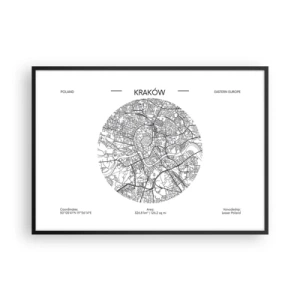 Póster en marco negro - Un mapa de Cracovia en estilo minimalista - 100x70cm - Anatomía de Cracovia - Decoración de pared moderna para salón y dormitorio ARTTOR