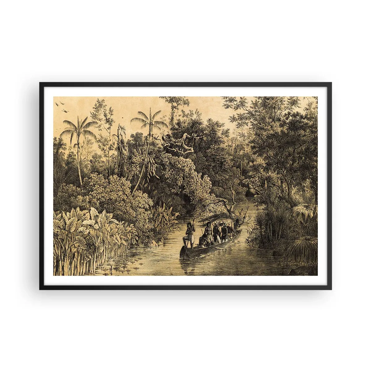 Póster en marco negro - Dibujo de una jungla con un barco en un río. - 100x70cm - Expedición a la fuente - Decoración de pared moderna para salón y dormitorio ARTTOR