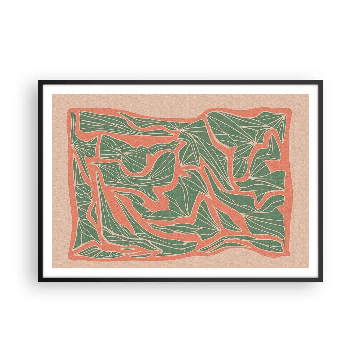 Póster en marco negro - Un patrón de plantas en tonos verdes y naranjas. - 100x70cm - Lucha entre el coral y el verde - Decoración de pared moderna para salón y dormitorio ARTTOR