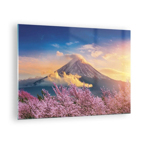 Cuadro sobre vidrio - Impresiones sobre Vidrio - El monte Fuji al fondo con árboles de sakura en flor en primer plano - 70x50cm - La santidad japonesa - Decoración de pared moderna para salón y dormitorio ARTTOR