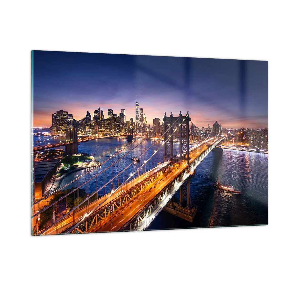 Cuadro sobre vidrio - Impresiones sobre Vidrio - El puente con el panorama nocturno de la ciudad y los rascacielos iluminados como telón de fondo. - 120x80cm - Un puente luminoso hacia el corazón de la ciudad - Decoración de pared moderna para salón y dor