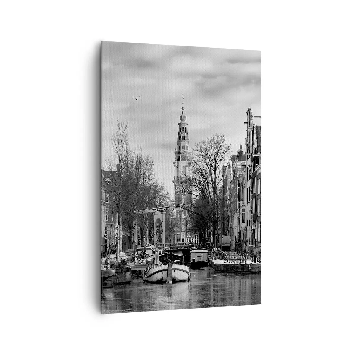 Cuadro sobre lienzo - Impresión de Imagen - Panorama en blanco y negro de Ámsterdam con canal y edificios históricos - 80x120cm - Ambiente de Ámsterdam - Decoración de pared moderna para salón y dormitorio ARTTOR