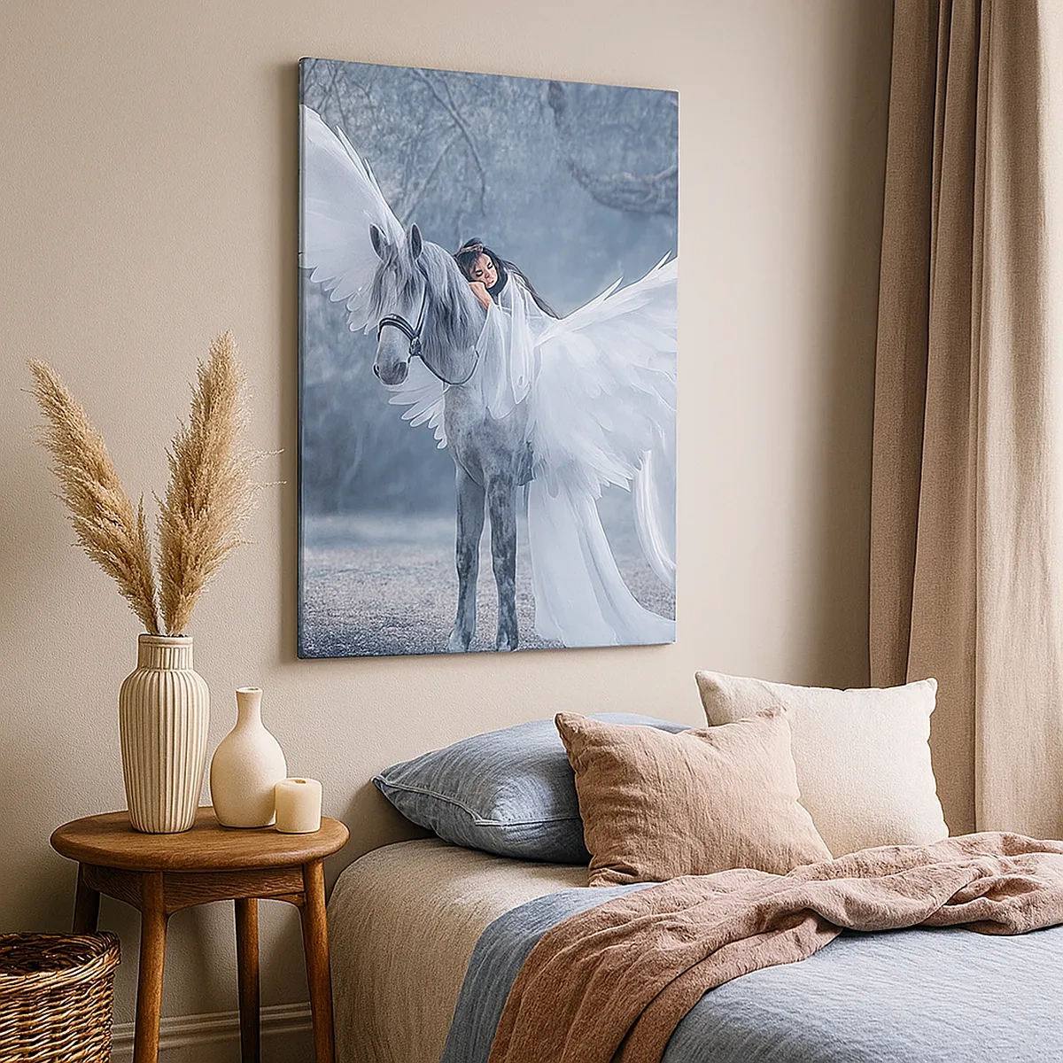 Cuadro sobre lienzo - Impresión de Imagen - Una mujer en un caballo blanco con alas en un bosque mágico. - 50x70cm - Un momento de inspiración - Decoración de pared moderna para salón y dormitorio ARTTOR