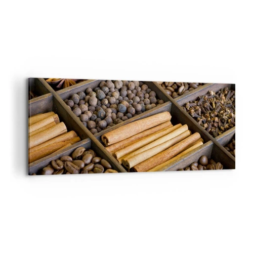 Cuadro sobre lienzo - Impresión de Imagen - Especias y café en compartimentos de madera. - 120x50cm - Un tesoro de aromas - Decoración de pared moderna para salón y dormitorio ARTTOR