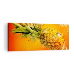 Cuadro sobre lienzo - Impresión de Imagen - Una piña sumergida en agua sobre un fondo degradado naranja. - 120x50cm - Jugosa frescura tropical - Decoración de pared moderna para salón y dormitorio ARTTOR