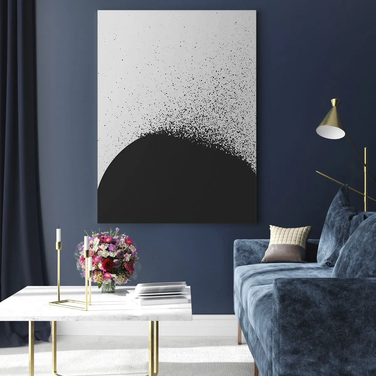 Cuadro sobre vidrio - Impresiones sobre Vidrio - Patrón abstracto con partículas negras sobre un fondo claro - 70x100cm - El movimiento de las partículas - Decoración de pared moderna para salón y dormitorio ARTTOR