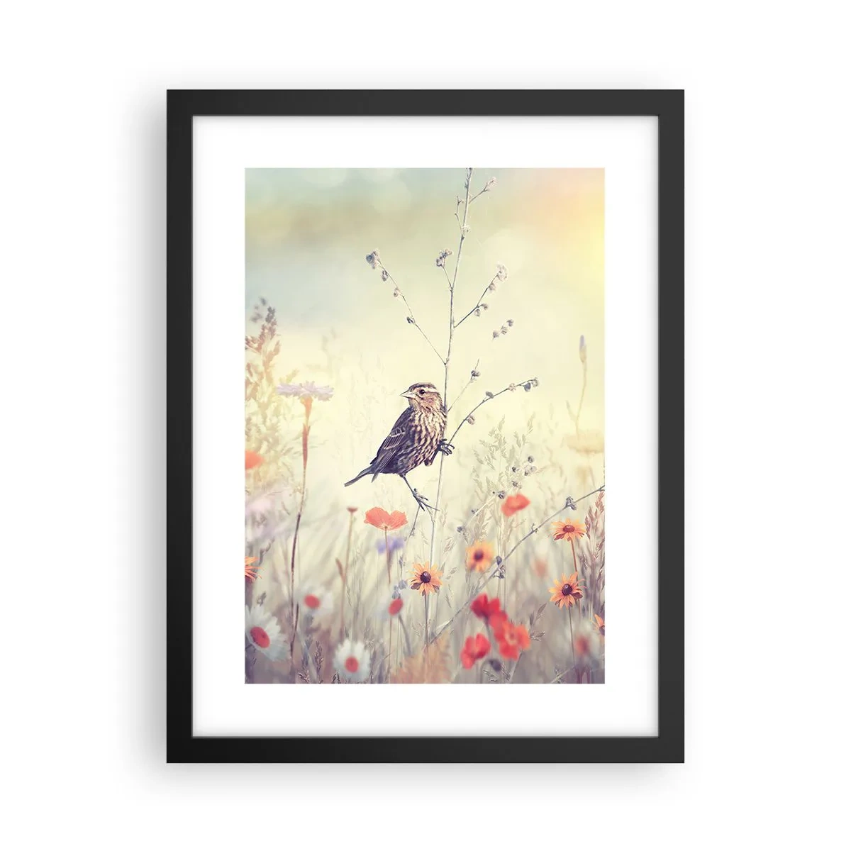 Póster en marco negro - Retrato de pájaro con prado de fondo - 30x40 cm