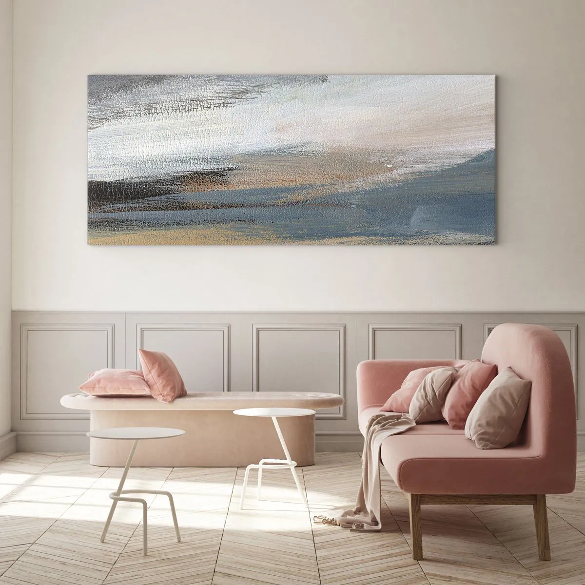 Cuadro sobre vidrio - Impresiones sobre Vidrio - Paisaje abstracto en tonos tenues de azul y beige. - 120x50cm - Abstracción: paisaje nórdico - Decoración de pared moderna para salón y dormitorio ARTTOR