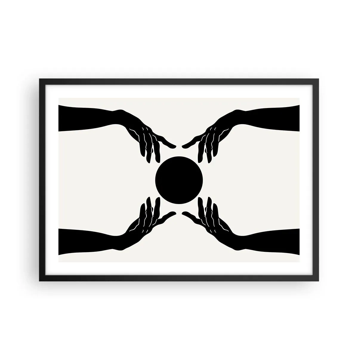 Póster en marco negro - Manos negras en una composición simétrica con una pelota. - 70x50cm - Una señal secreta - Decoración de pared moderna para salón y dormitorio ARTTOR