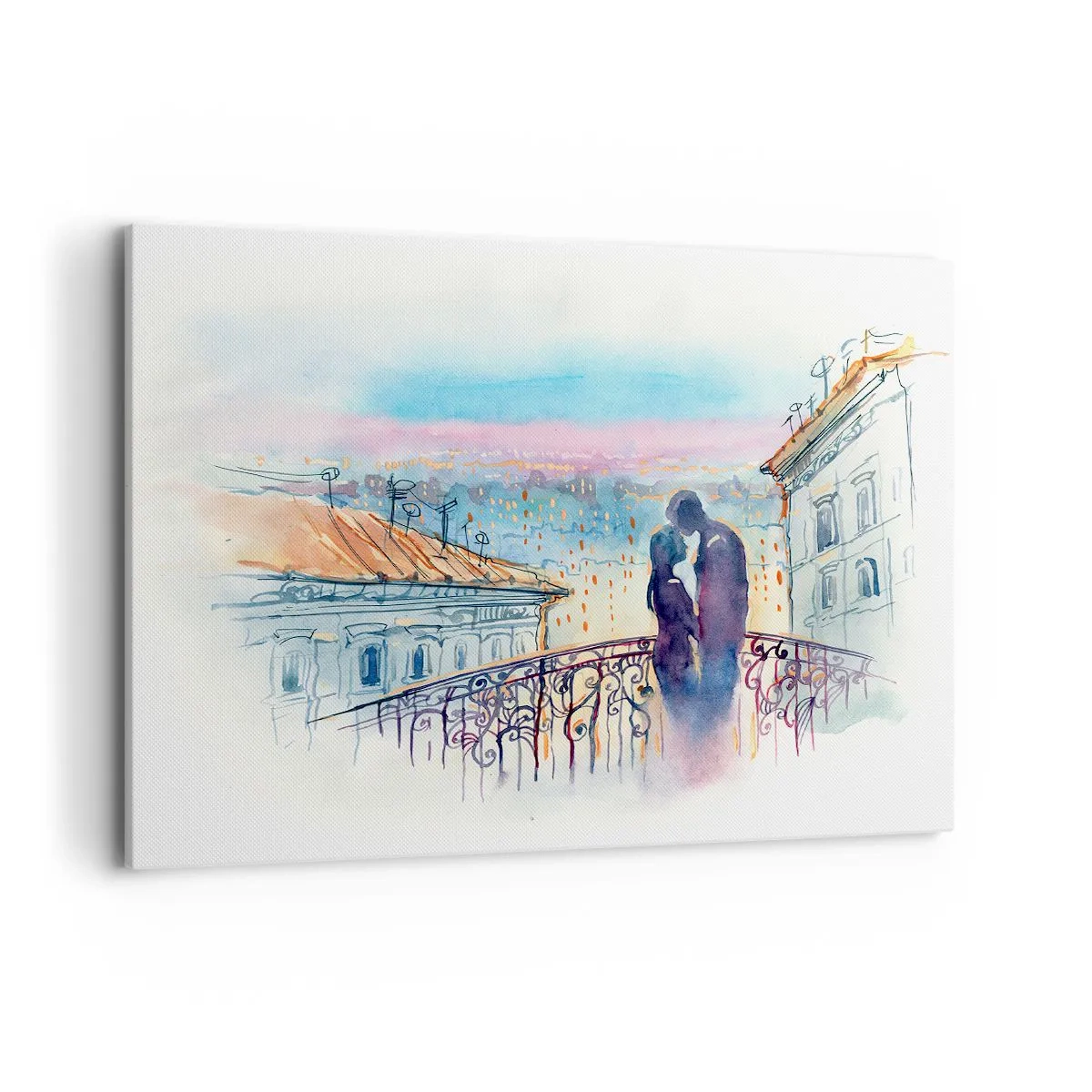 Cuadro sobre lienzo - Impresión de Imagen - Pareja romántica en un balcón con vistas a la ciudad. - 100x70cm - Los amantes de París - Decoración de pared moderna para salón y dormitorio ARTTOR