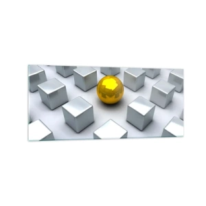 Cuadro sobre vidrio - Impresiones sobre Vidrio - Una esfera dorada que destaca entre los cubos plateados. - 120x50cm - ¿Por qué yo? Composición geométrica - Decoración de pared moderna para salón y dormitorio ARTTOR