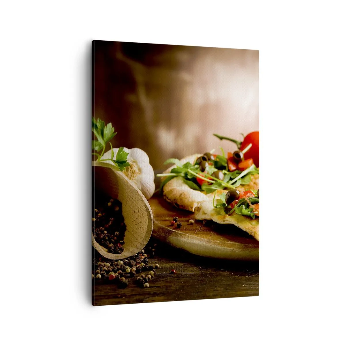 Cuadro sobre lienzo - Impresión de Imagen - Pizza con verduras sobre tabla de madera en estilo rústico - 50x70cm - Directamente del horno y del jardín - Decoración de pared moderna para salón y dormitorio ARTTOR