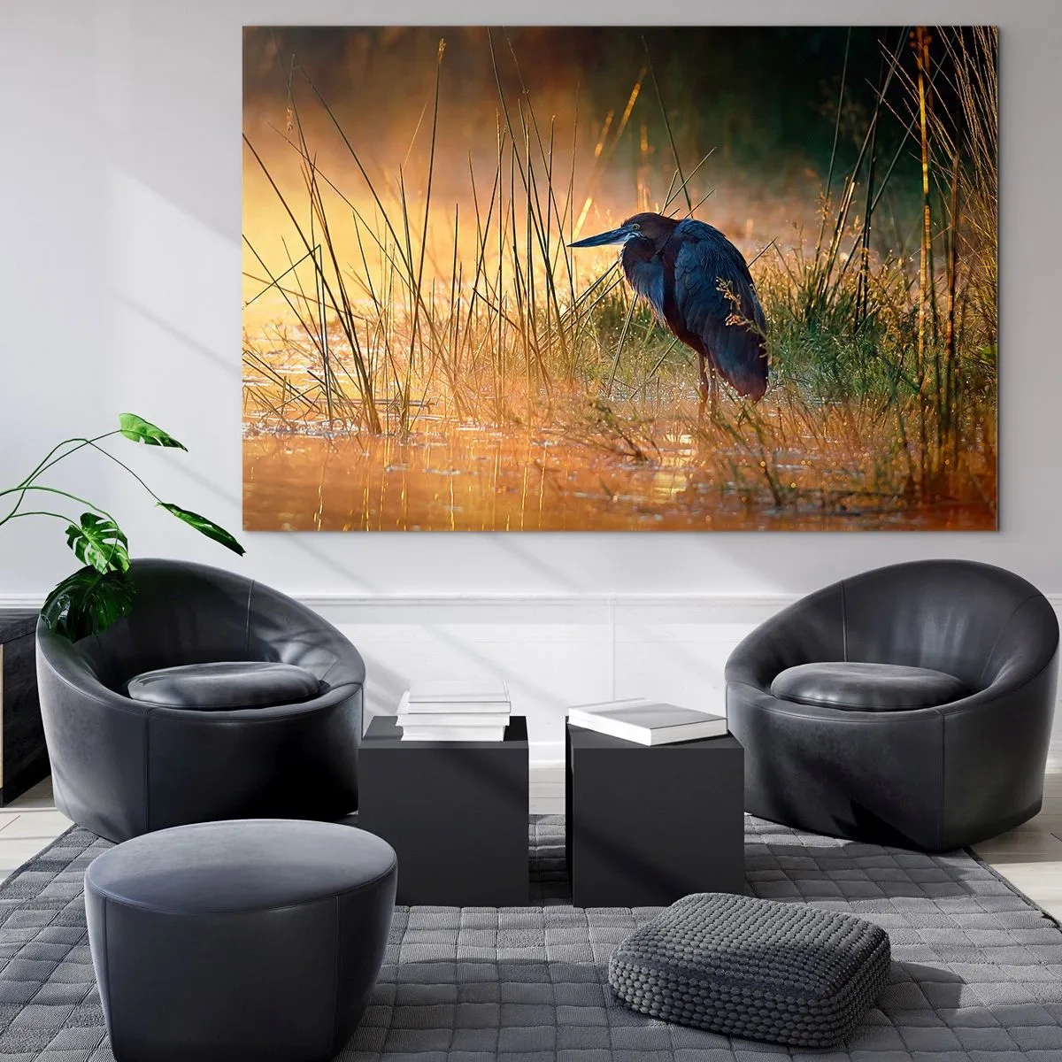 Cuadro sobre vidrio - Impresiones sobre Vidrio - Puesta de sol sobre un lago con una garza - 100x70cm - Dame un respiro con estas fotos - Decoración de pared moderna para salón y dormitorio ARTTOR