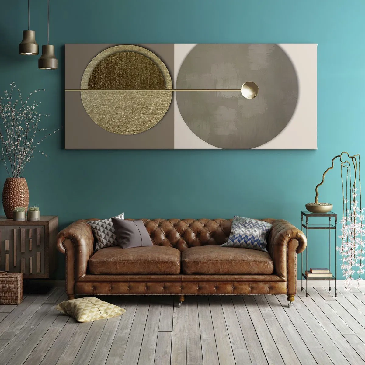 Cuadro sobre lienzo - Impresión de Imagen - Círculos abstractos en tonos dorados y beige. - 140x50cm - Equilibrio perfecto - Decoración de pared moderna para salón y dormitorio ARTTOR