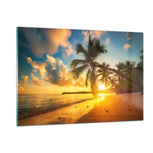 Cuadro sobre vidrio - Impresiones sobre Vidrio - Playa tropical con palmeras al atardecer - 120x80cm - Un sueño caribeño - Decoración de pared moderna para salón y dormitorio ARTTOR