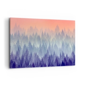 Cuadro sobre lienzo - Impresión de Imagen - Un bosque brumoso en tonos morados y naranjas. - 100x70cm - Alto, más alto, hasta el cielo - Decoración de pared moderna para salón y dormitorio ARTTOR