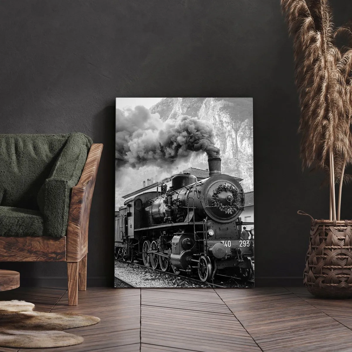 Cuadro sobre lienzo - Impresión de Imagen - Una locomotora de vapor en blanco y negro contra un paisaje montañoso. - 80x120cm - Rumbo a la estación... - Decoración de pared moderna para salón y dormitorio ARTTOR