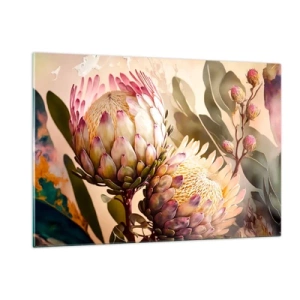 Cuadro sobre vidrio - Impresiones sobre Vidrio - Flores de protea en tonos cálidos y luz suave. - 120x80cm - Abrazados con ternura - Decoración de pared moderna para salón y dormitorio ARTTOR