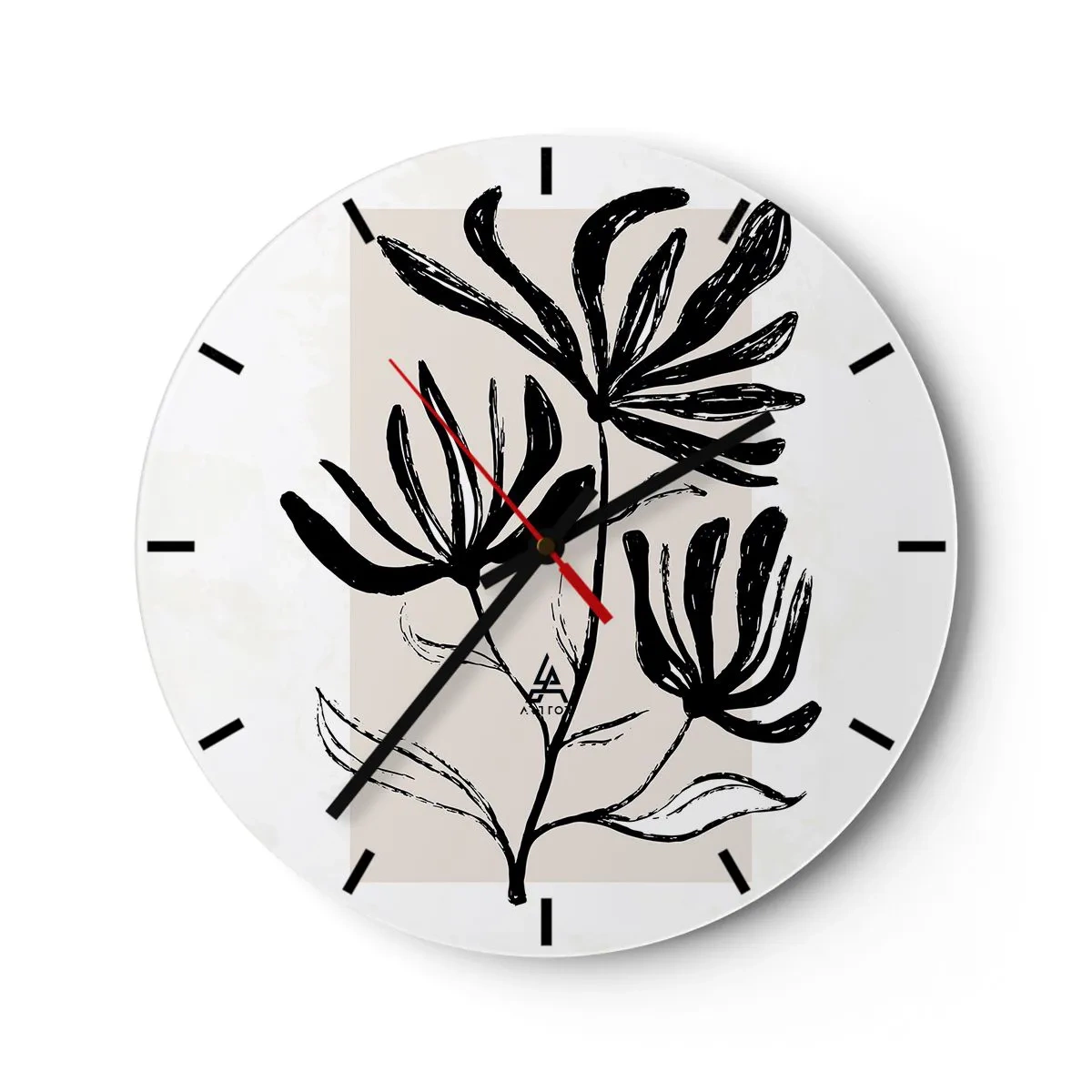 Reloj de pared - Reloj de vidrio - Un boceto negro de una planta sobre un fondo claro con un acento beige. - 30x30cm - Esbozo para un herbario - Decoración de pared moderna para salón, cocina y dormitorio ARTTOR