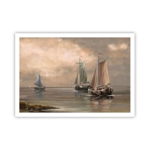 Póster - Veleros en un mar en calma en un entorno pastel - 100x70cm - El regreso de los marineros - Decoración de pared moderna para salón y dormitorio ARTTOR
