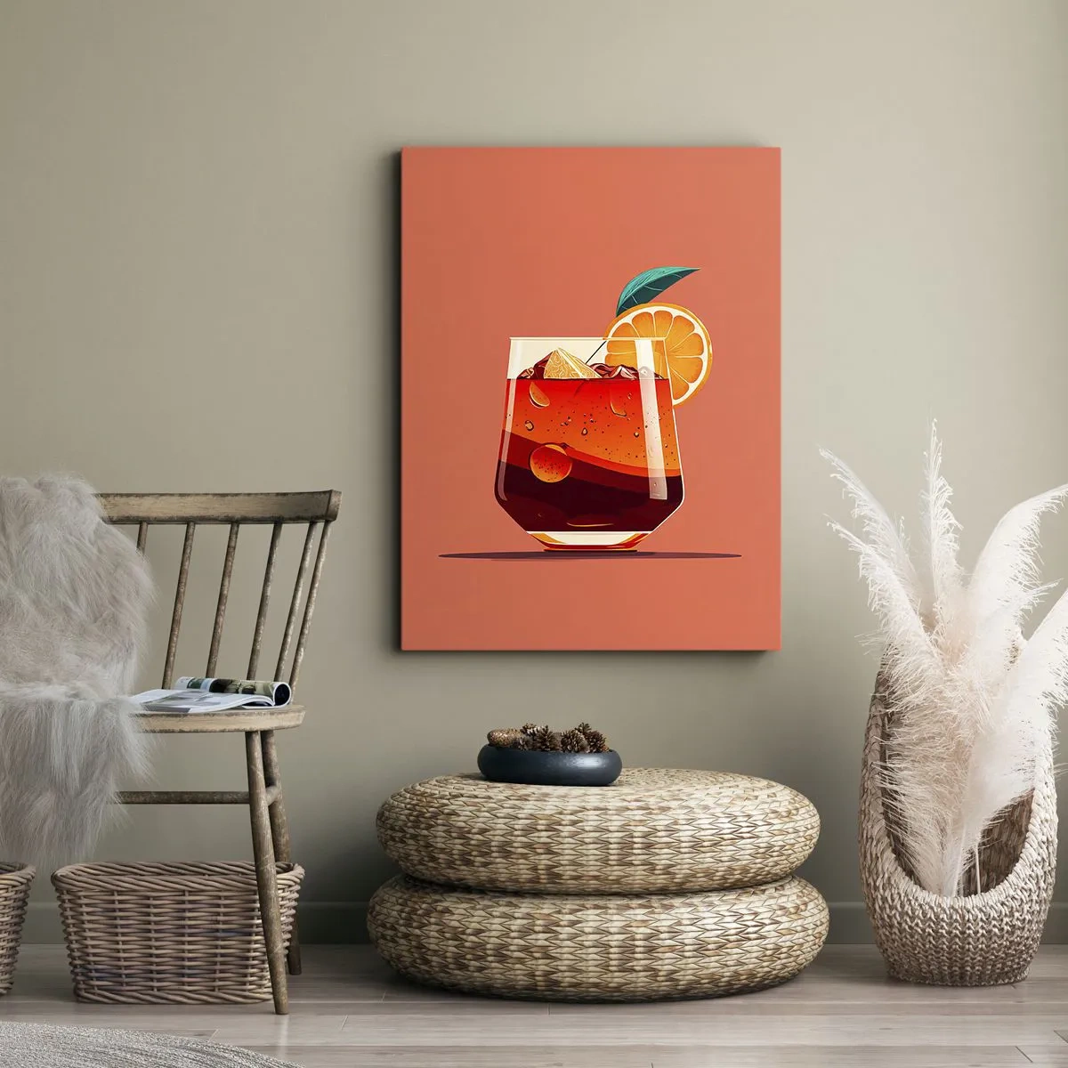 Cuadro sobre lienzo - Impresión de Imagen - Un vaso de bebida y una rodaja de naranja sobre un fondo naranja. - 80x120cm - Refresco de verano - Decoración de pared moderna para salón y dormitorio ARTTOR