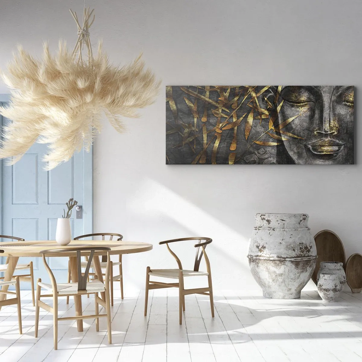Cuadro sobre lienzo - Impresión de Imagen - Imagen de Buda zen con bambúes dorados - 160x50cm - Siente la paz - Decoración de pared moderna para salón y dormitorio ARTTOR