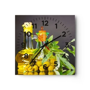 Reloj de pared - Reloj de vidrio - Bodegón con aceitunas y aceite - 40x40 cm