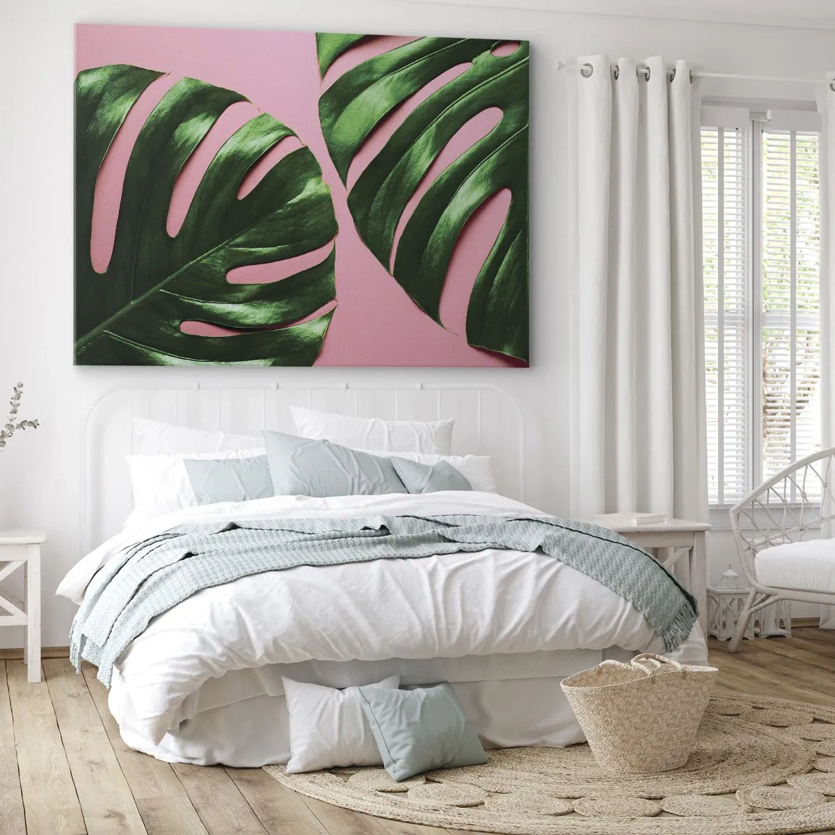 Cuadro sobre lienzo - Impresión de Imagen - Hojas de monstera verde sobre un fondo rosa - 70x50cm - Cita con el verde - Decoración de pared moderna para salón y dormitorio ARTTOR