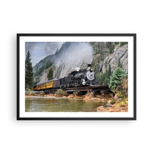 Póster en marco negro - Una locomotora de vapor en un puente en un pintoresco paisaje montañoso. - 70x50cm - ¿Adónde me llevas? - Decoración de pared moderna para salón y dormitorio ARTTOR