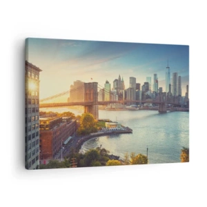 Cuadro sobre lienzo - Impresión de Imagen - Panorama de la ciudad con el puente al atardecer - 70x50cm - El amanecer de la gran ciudad - Decoración de pared moderna para salón y dormitorio ARTTOR