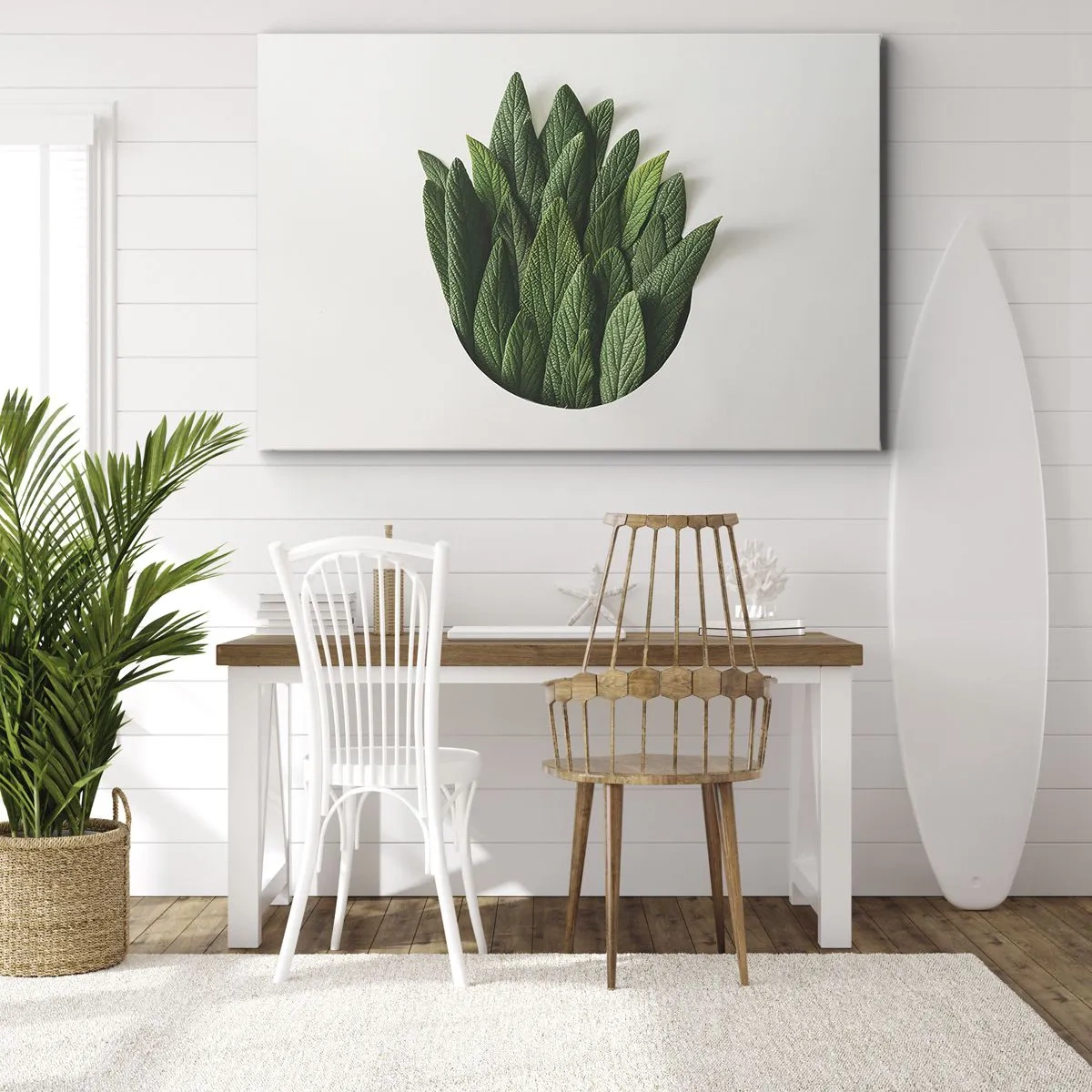 Cuadro sobre lienzo - Impresión de Imagen - Una composición de hojas verdes sobre un fondo claro. - 70x50cm - Curiosidad desenfrenada - Decoración de pared moderna para salón y dormitorio ARTTOR