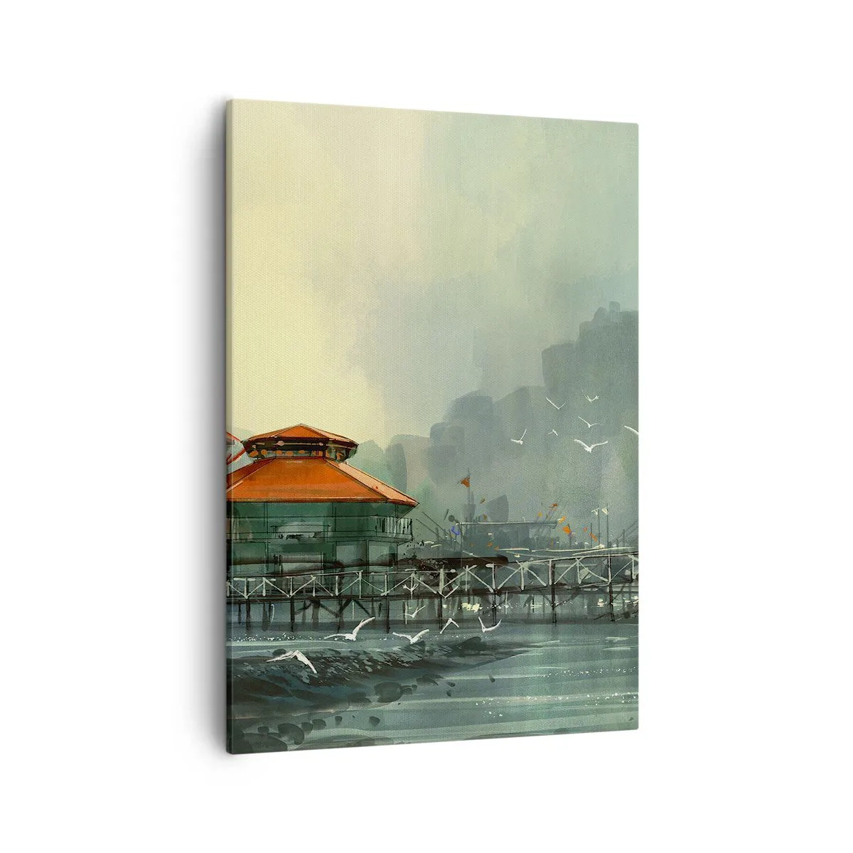 Cuadro sobre lienzo - Impresión de Imagen - Edificios portuarios en un paisaje lluvioso con gaviotas - 50x70cm - Un día soleado en el puerto - Decoración de pared moderna para salón y dormitorio ARTTOR